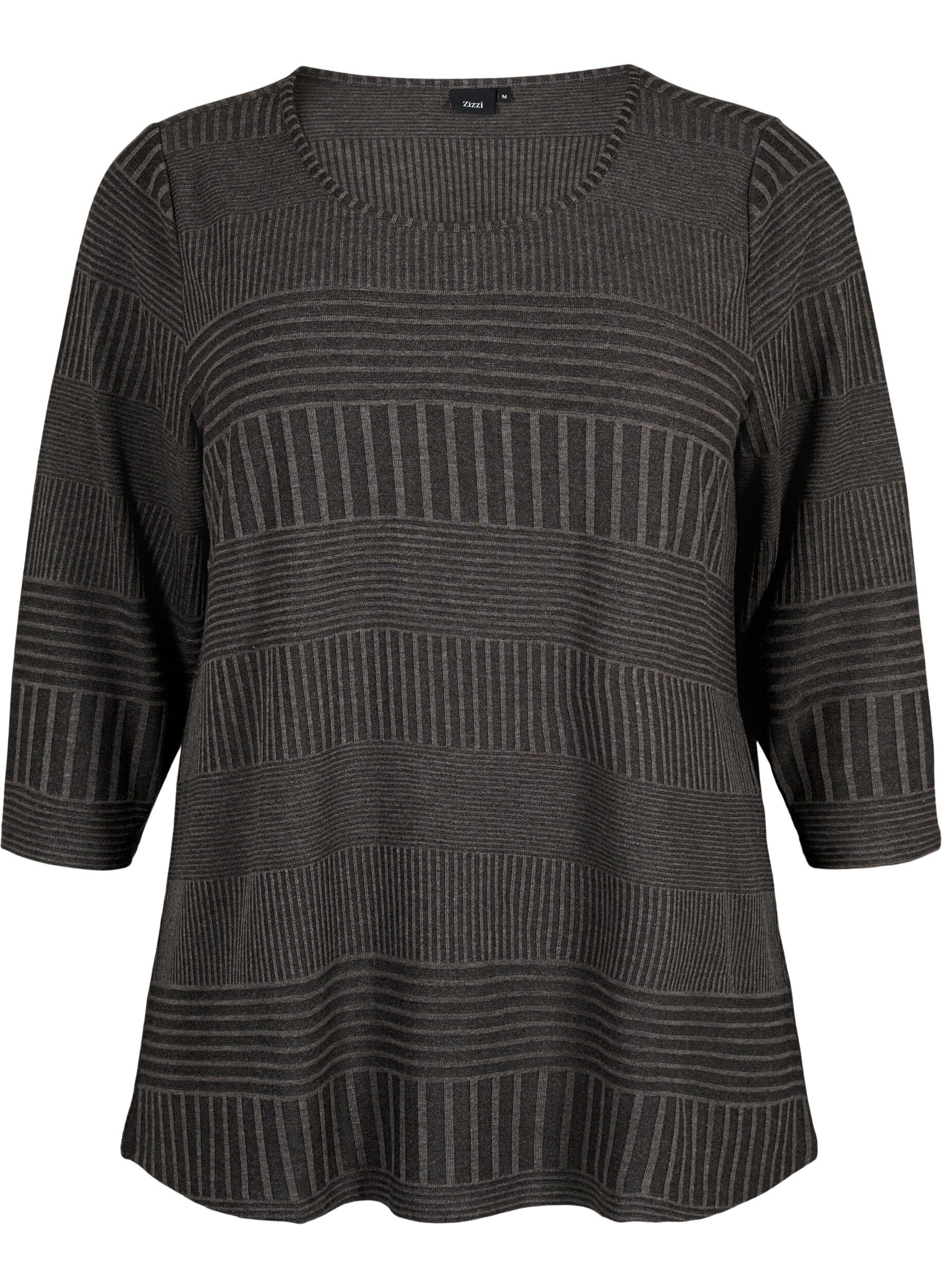 Zizzi Bluse med 3/4 &aelig;rmer og stribet m&oslash;nster, Dark Grey Melange, Packshot image number 0