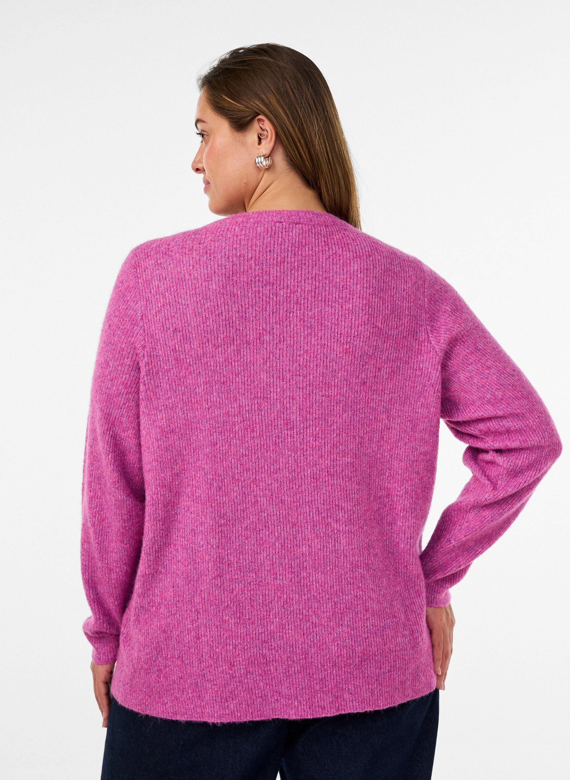 ZizziMeleret strikbluse med rund hals, Lilla, Model image number 2