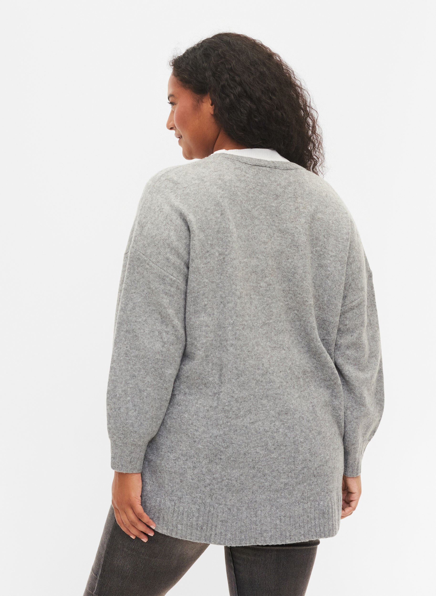 Zizzi Lang strikket cardigan med lynl&aring;s og lommer, Medium Grey Melange, Model image number 1