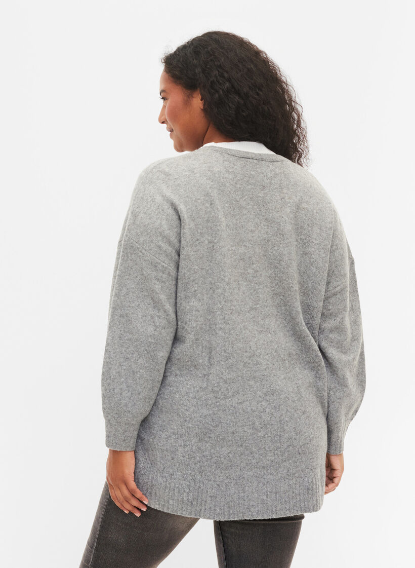 Lang strikket cardigan med lynlås og lommer, Medium Grey Melange, Model image number 1
