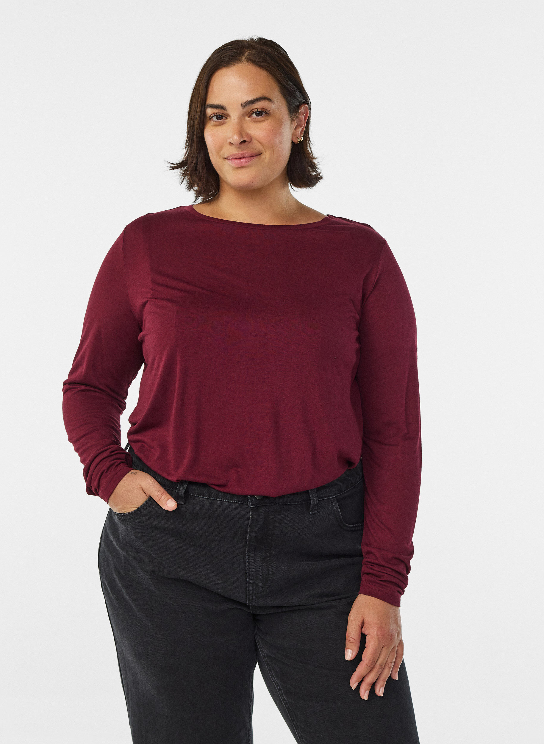 ZizziLang&aelig;rmet bluse i uld og viskose, M&oslash;rk Bordeaux, Model image number 0