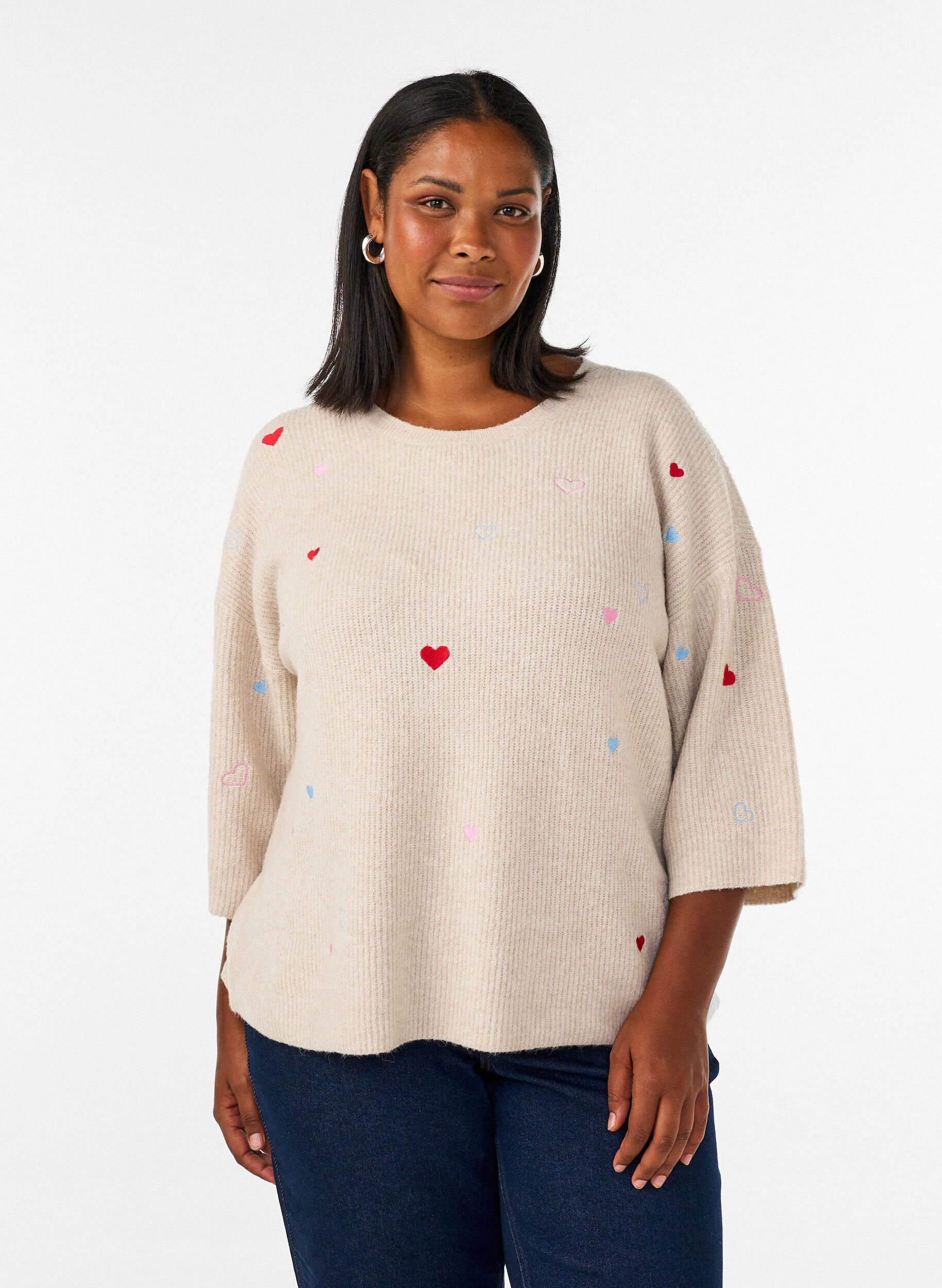 Strikbluse med hjerter og 3/4 &aelig;rmer, Beige, Model