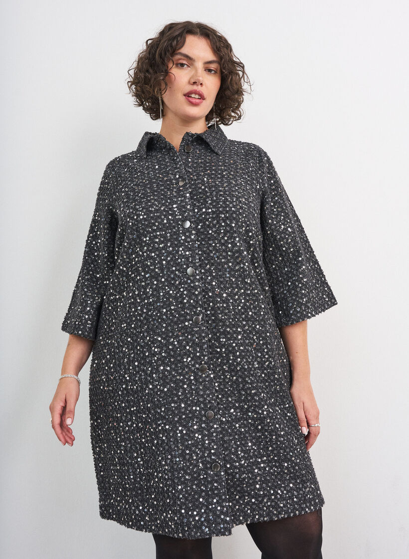 Denimkjole med pailletter og 3/4-&aelig;rmer, Sort, Model image number 0