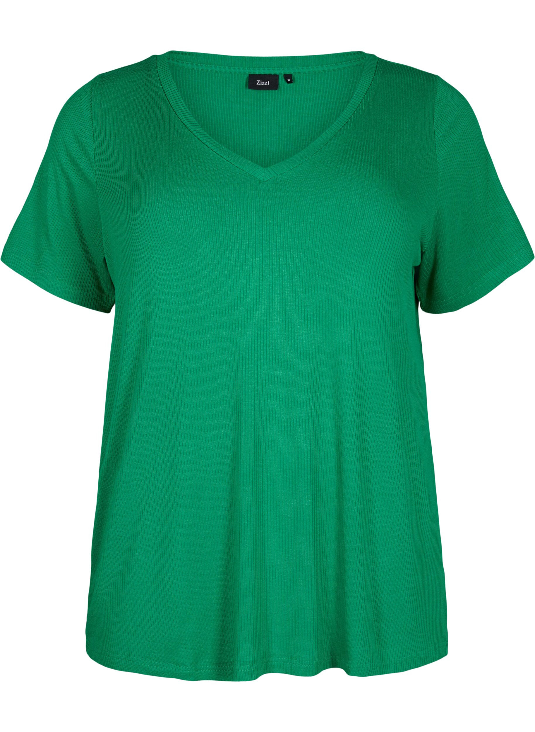 Zizzi Viskose t-shirt med ribstruktur og v-hals, Jolly Green, Packshot image number 0