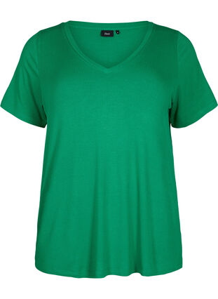 Viskose t-shirt med ribstruktur og v-hals, Jolly Green, Packshot image number 0