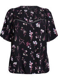 Blomstret bluse med korte &aelig;rmer, Sort