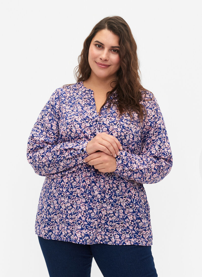 FLASH - Langærmet bluse med print, Strong Blue Flower, Model image number 0