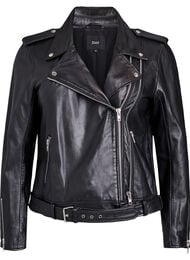 L&aelig;der bikerjakke med b&aelig;lte, Sort