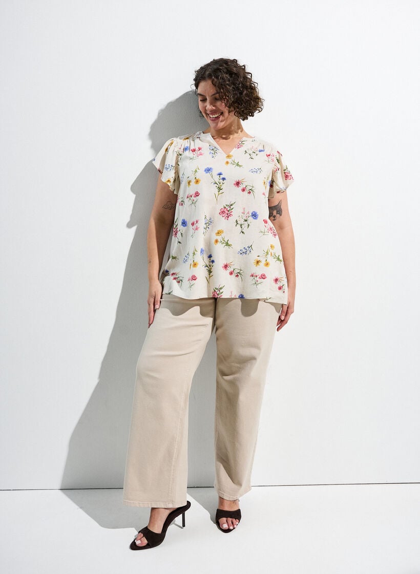 Bluse i h&oslash;r og viskose med fl&aelig;se&aelig;rmer, Beige, Image image number 0
