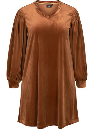 Velour kjole med lange pufærmer, Brown ASS, Packshot image number 0
