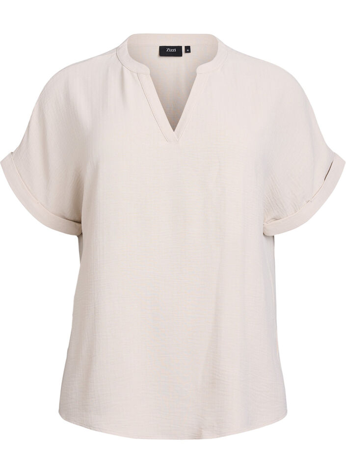 L&oslash;s bluse med korte &aelig;rmer, Beige, Packshot image number 0