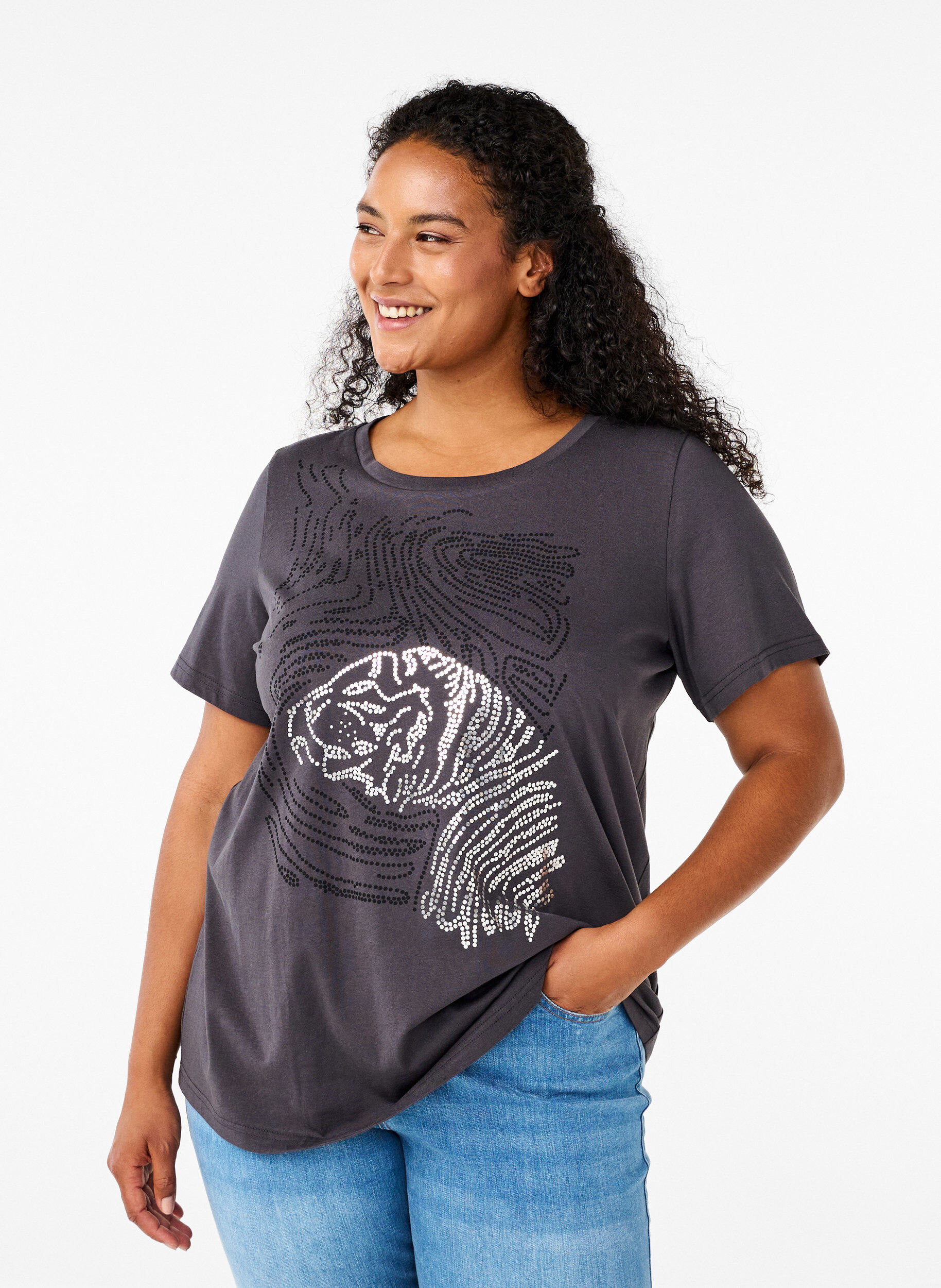 Zizzi Bomulds t-shirt med print, Asphalt w. Tiger, Model image number 0