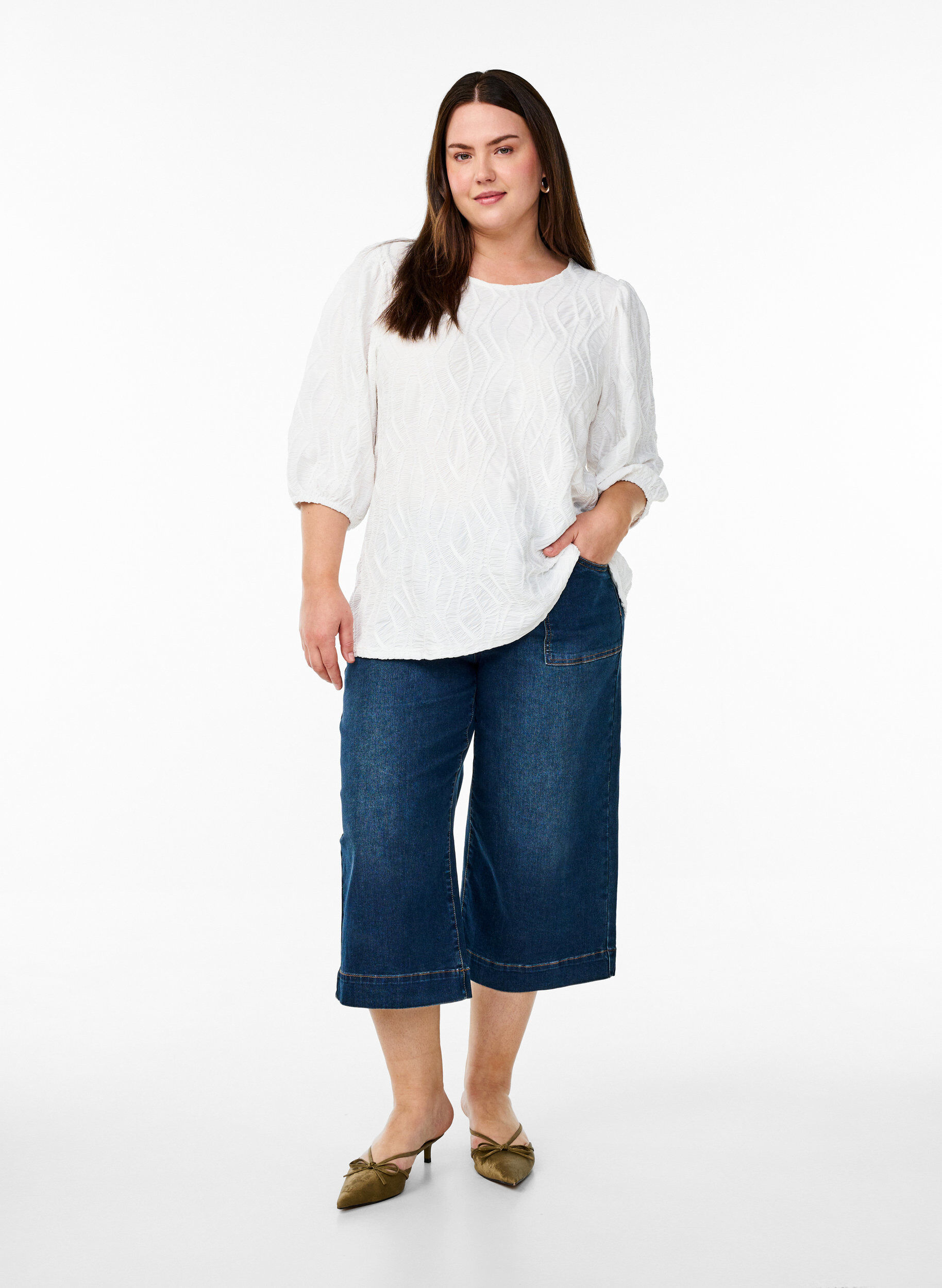 ZizziBluse med tekstur og 3/4 &aelig;rmer, Hvid, Model image number 1