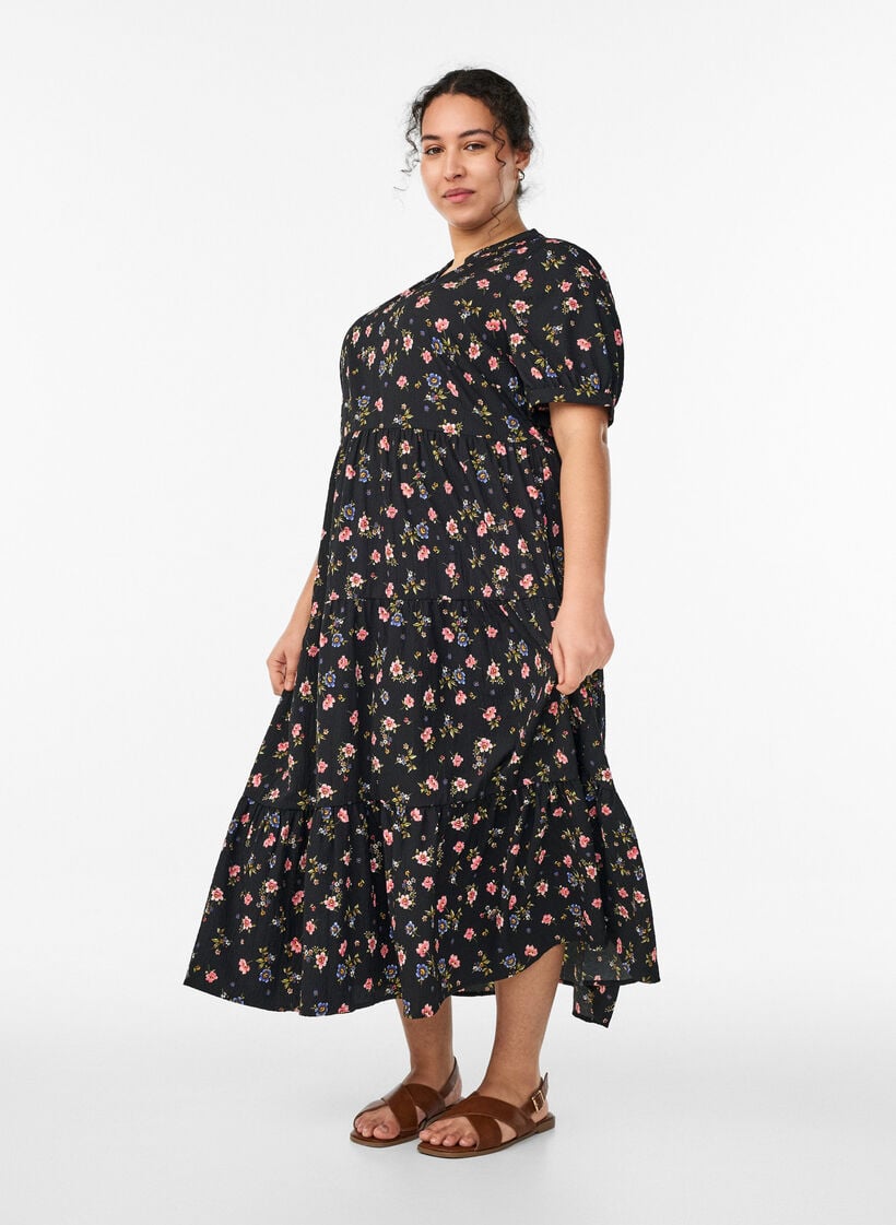 Ankellang kjole med korte &aelig;rmer og volantlag, Sort, Model image number 0