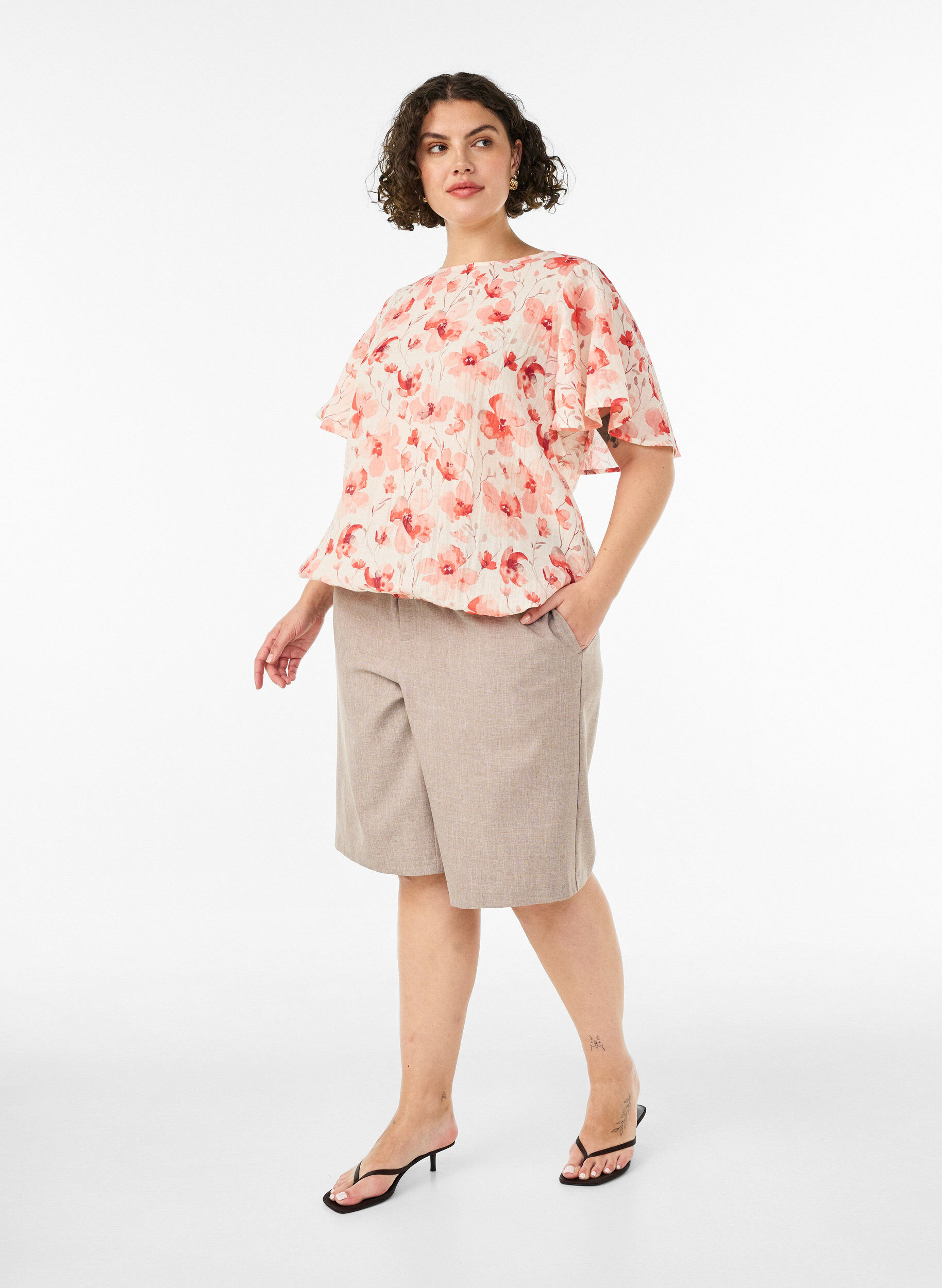 Bluse med ballonform og vinge&aelig;rmer, Orange, Model