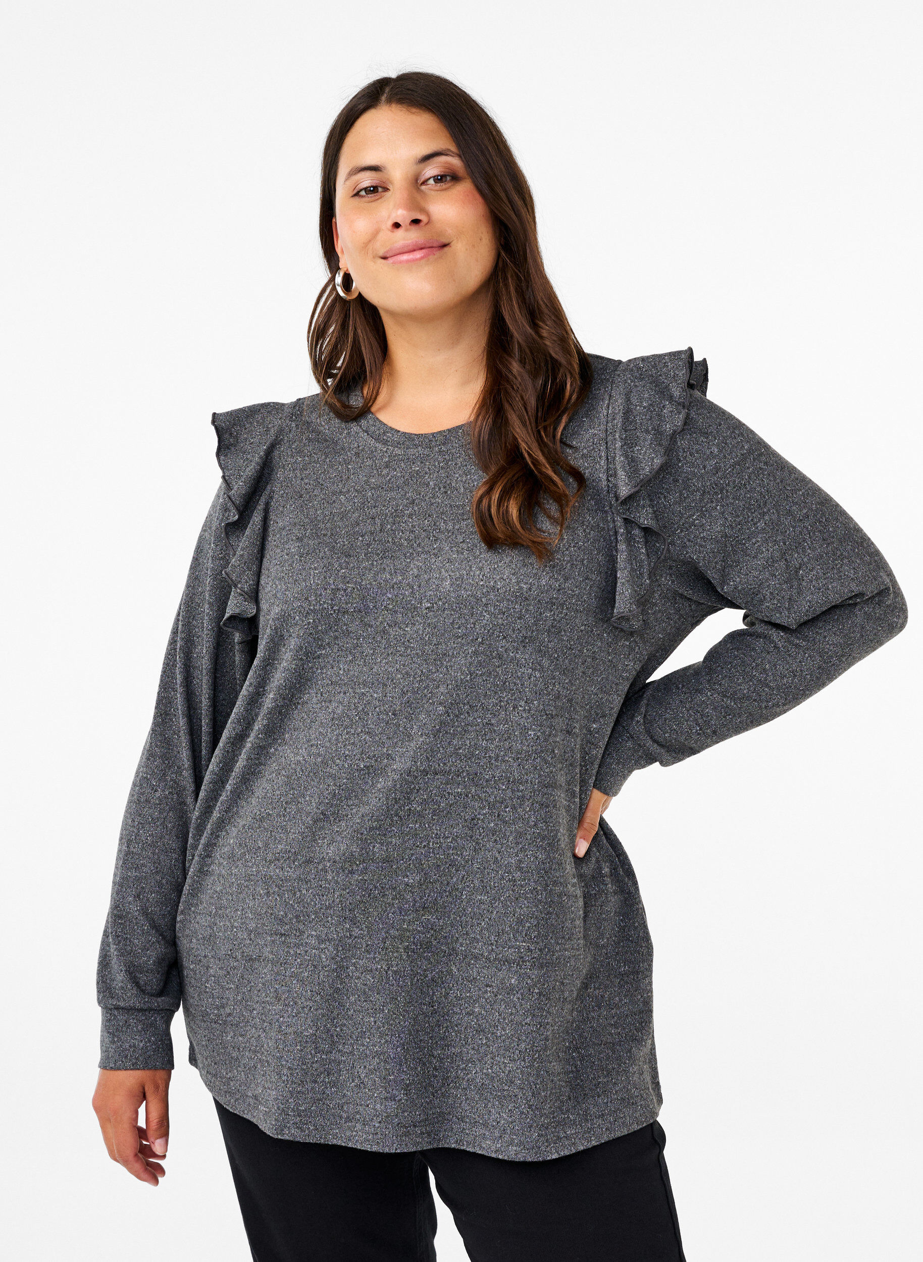 Zizzi Lang&aelig;rmet bluse med fl&aelig;sedetaljer, Dark Grey Melange, Model image number 0