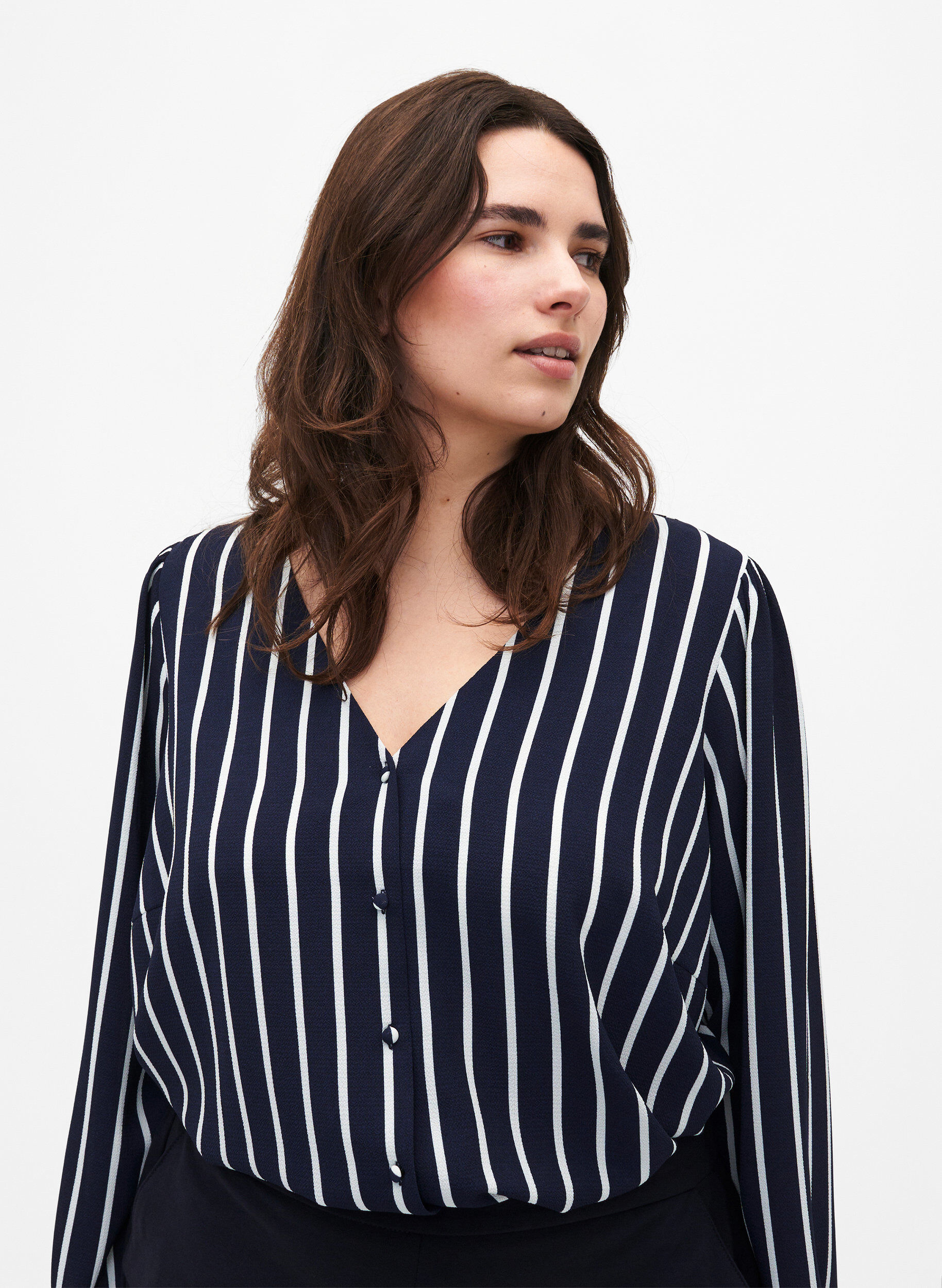 Zizzi Skjortebluse med v-hals og print, Maritime Blue Stripe, Model image number 0