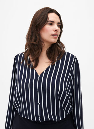 Skjortebluse med v-hals og print, Maritime Blue Stripe, Model image number 0