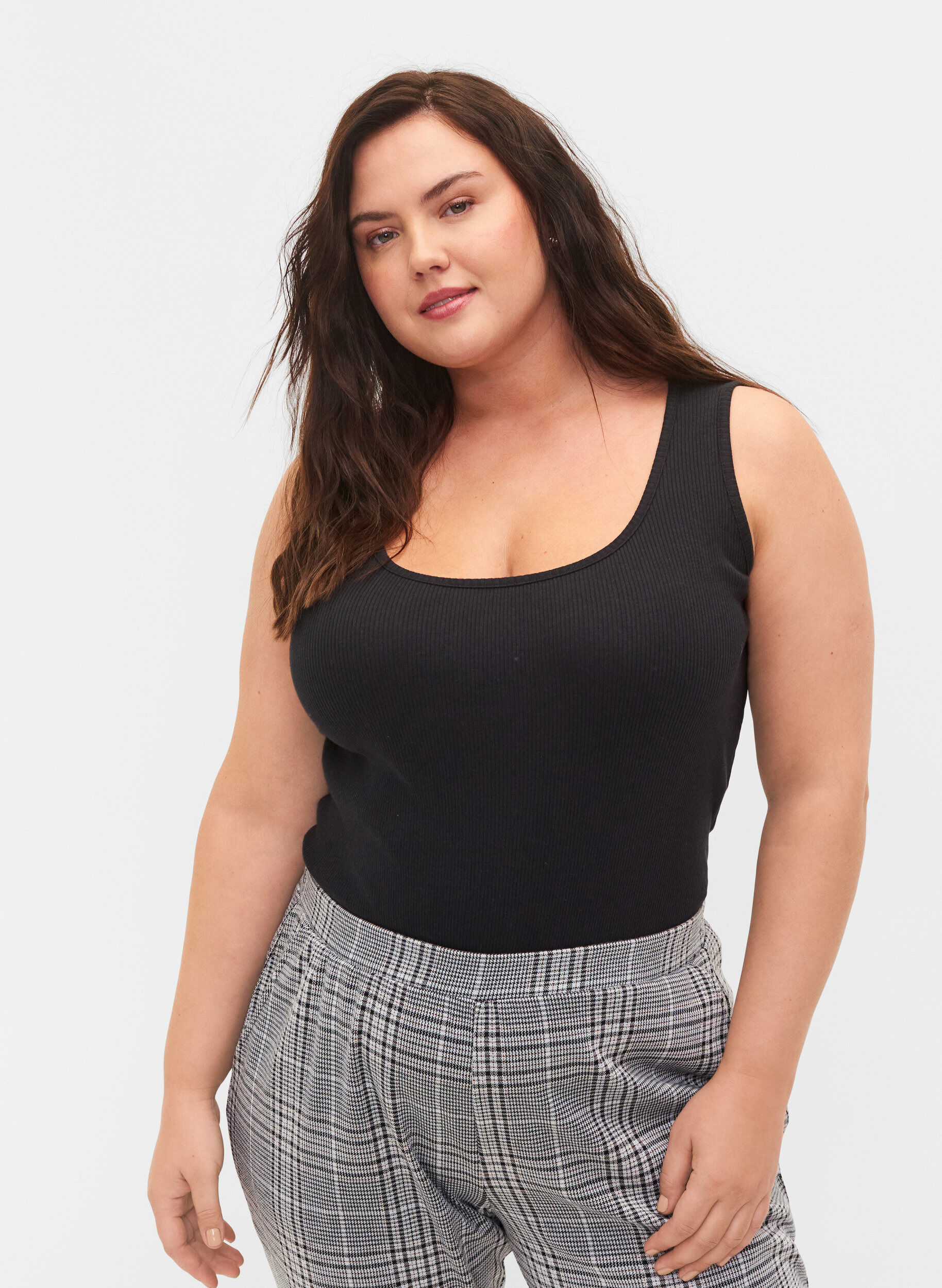 Zizzi 2-pak basis tanktop i rib, Black/Bright White, Model image number 0