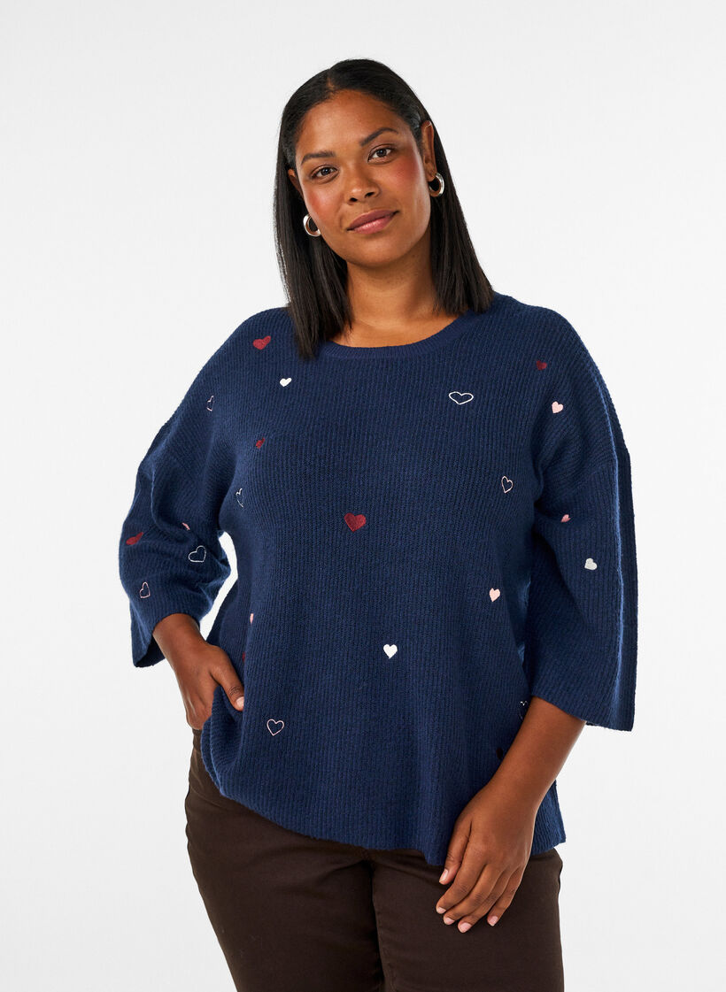 Strikbluse med hjerter og 3/4 &aelig;rmer, Bl&aring;, Model image number 0