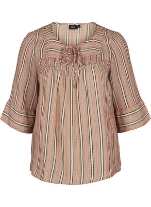 Stribet bluse med 3/4 ærmer og smock, Rose Smoke stripe, Packshot image number 0
