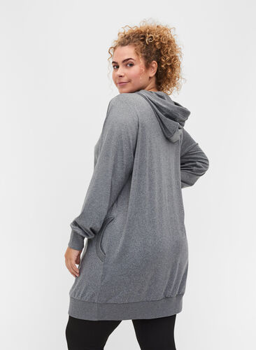 Lang sportscardigan med hætte og lomme, Grey Melange, Model image number 0