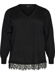 Strikbluse med V-hals og blondekant , Sort
