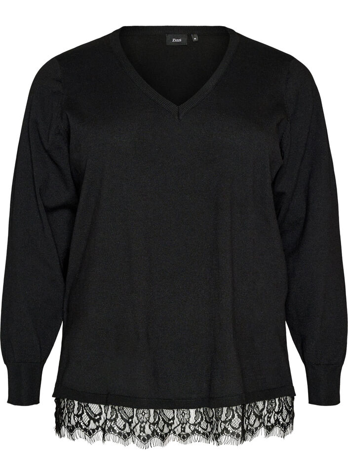 Strikbluse med V-hals og blondekant , Sort, Packshot image number 0