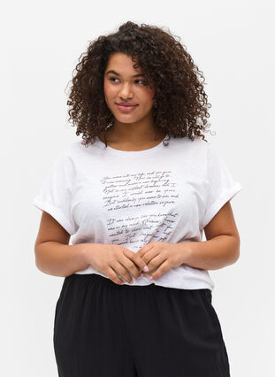 T-shirt med tryk i økologisk bomuld, Bright White TEXT, Model image number 0