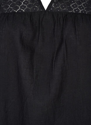 Kjole i bomuldsmix med hør og crochetdetalje, Black, Packshot image number 2