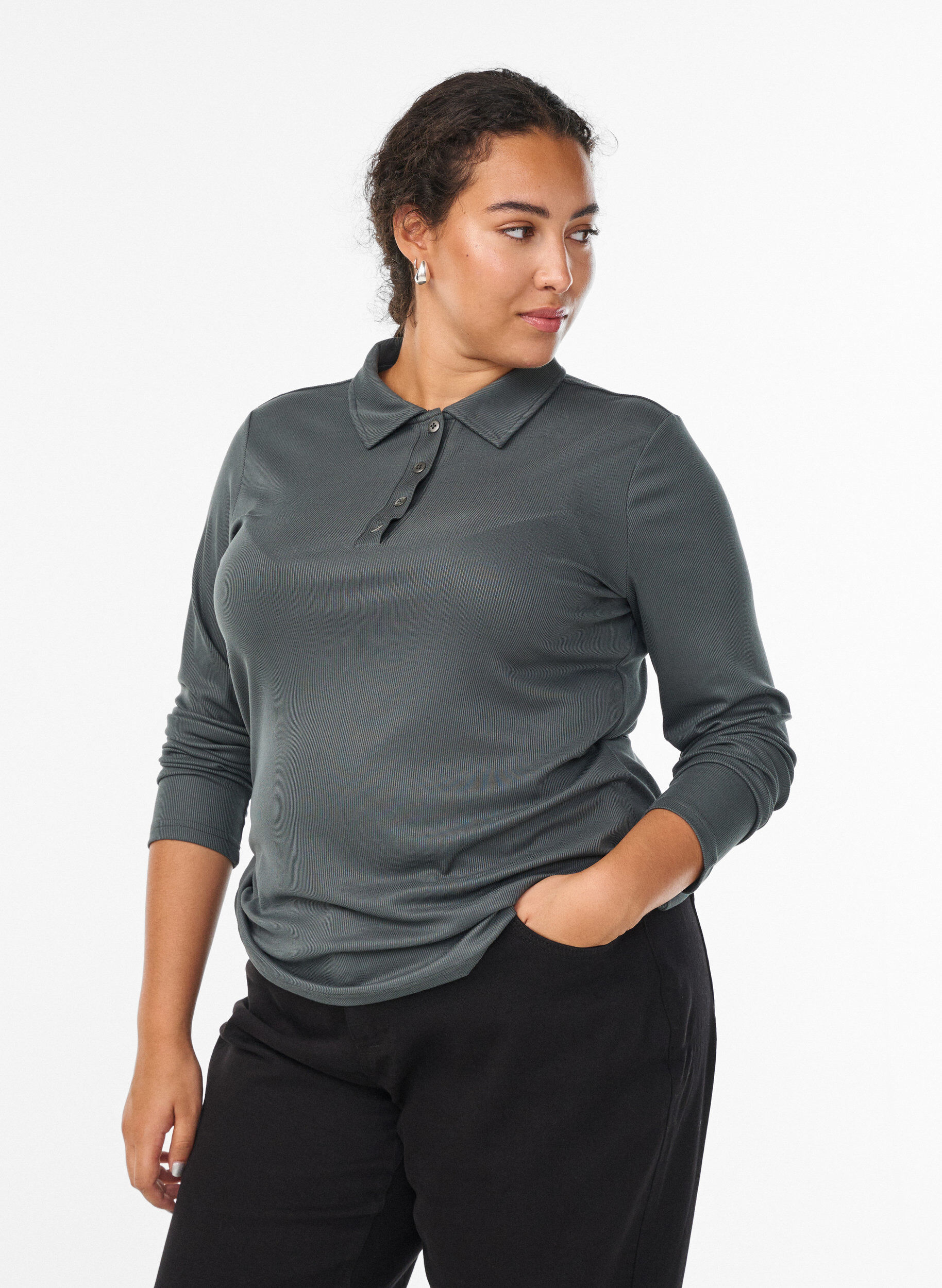 Poloshirt i bl&oslash;d rib med lange &aelig;rmer, Gr&oslash;n, Model