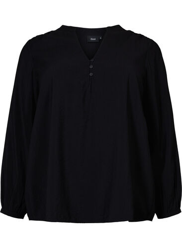 Langærmet bluse i viskosemix, Black, Packshot image number 0