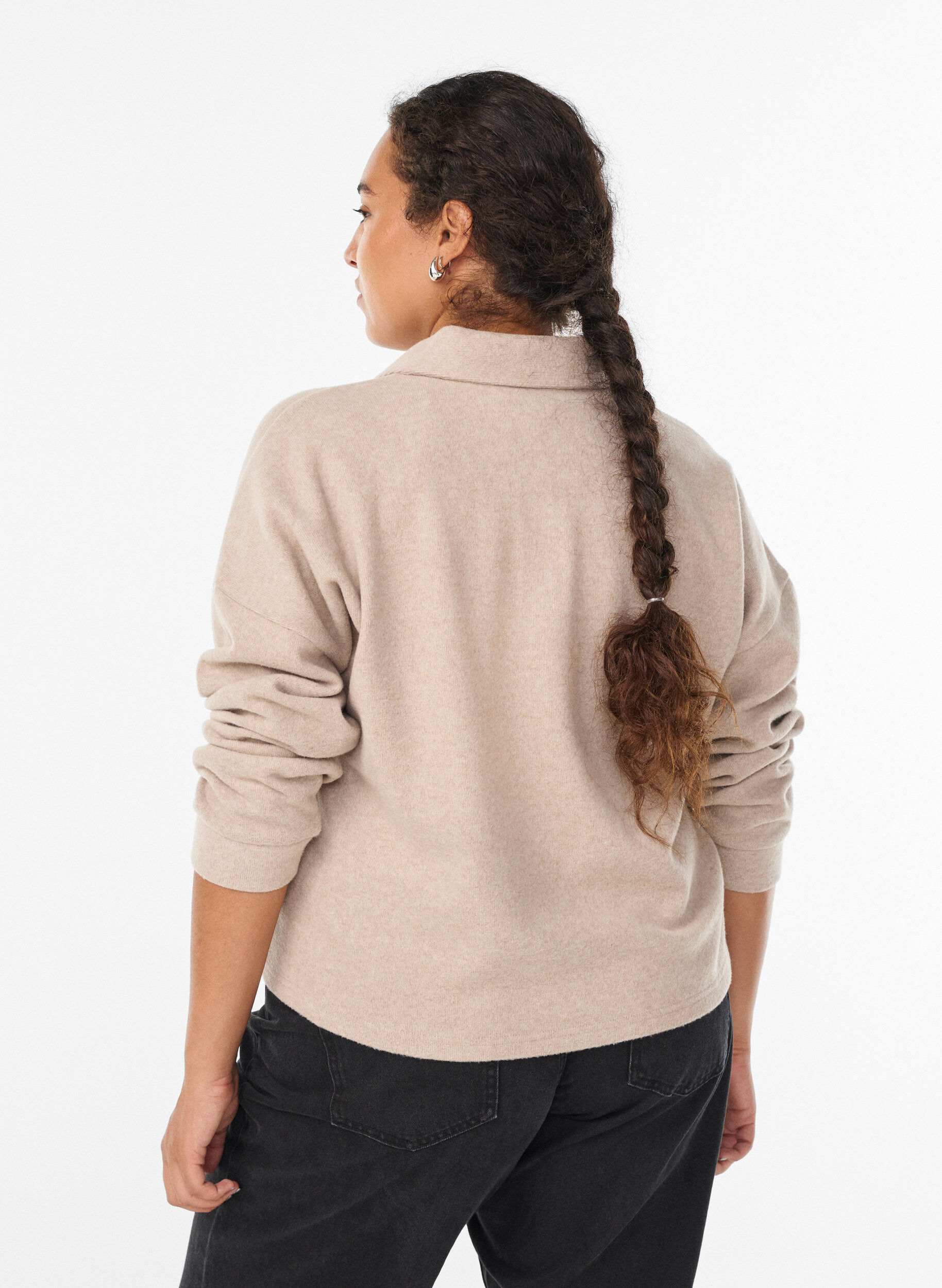 Zizzi Jerseybluse med krave og V-udsk&aelig;ring, Beige, Model image number 2