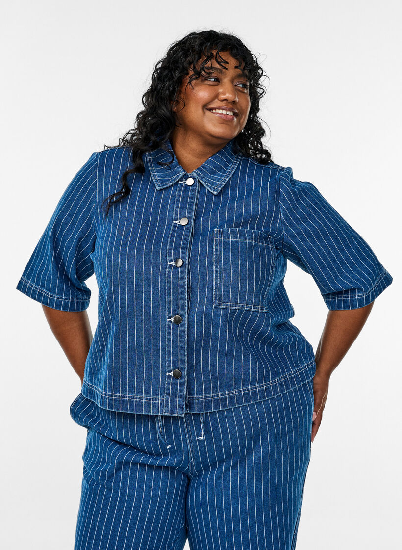 Kort denim skjorte med striber, Blå, Model image number 0