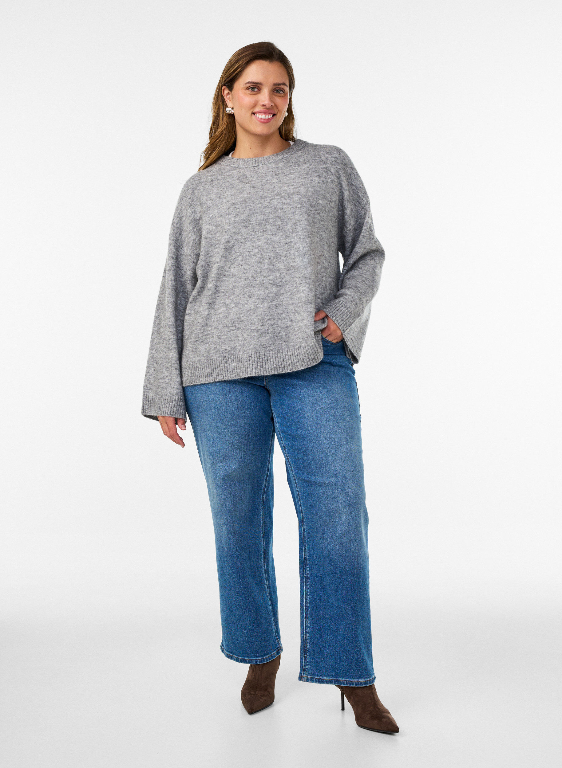 ZizziL&oslash;s strikbluse med alpaka og uld, Gr&aring;, Model image number 1