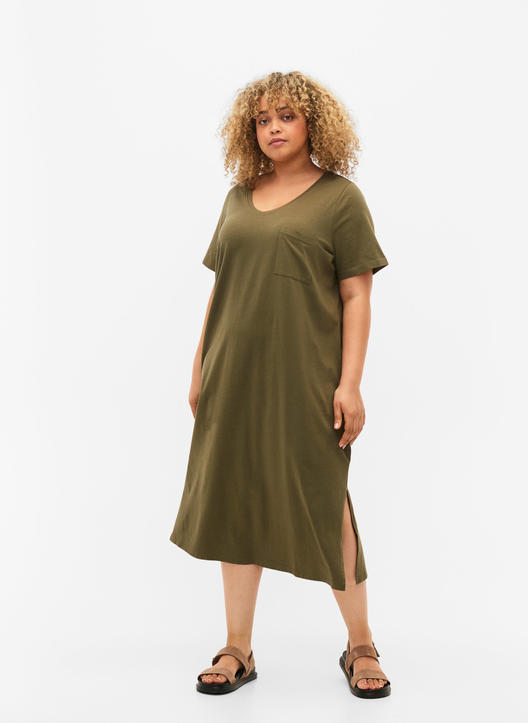 Zizzi Kort&aelig;rmet bomuldskjole med slids, Ivy Green, Model image number 2