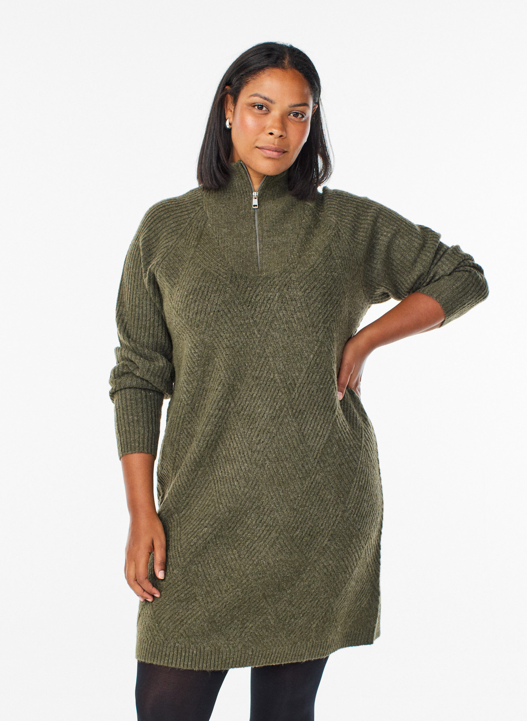ZizziKn&aelig;lang strikkjole med h&oslash;j hals, Gr&oslash;n, Model image number 0