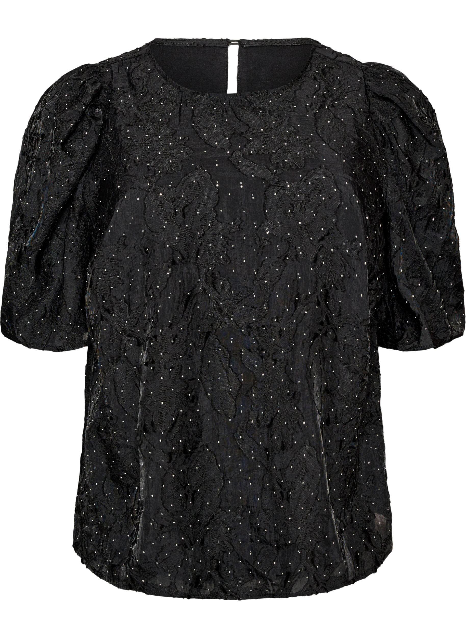 ZizziJacquardbluse med glimtende detaljer og puf&aelig;rmer, Sort, Packshot image number 0