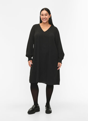 FLASH - Langærmet kjole med glitter, Black w. Silver , Model image number 2