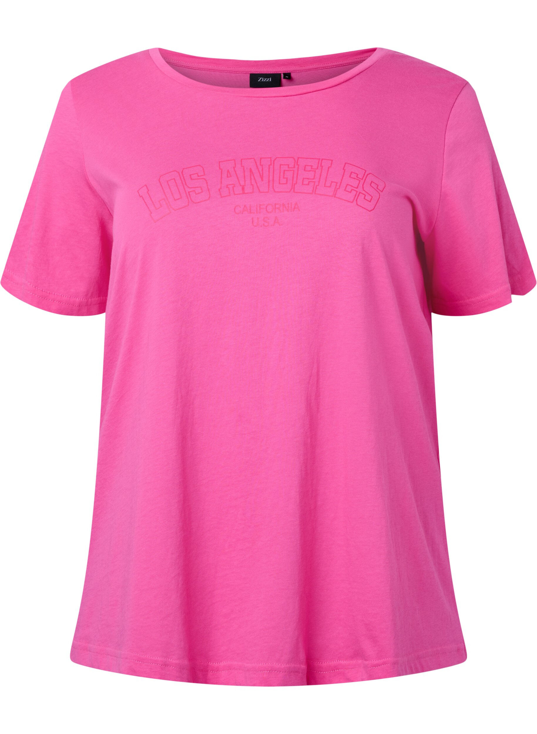 Zizzi Bomulds t-shirt med tekstprint, Shocking Pink W. LOS, Packshot image number 0