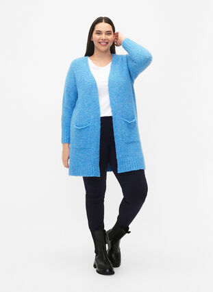 Lang strikcardigan med uld og lommer, French Blue, Model image number 2
