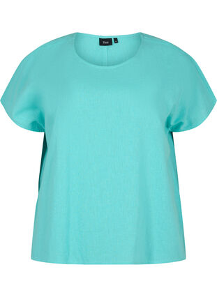 Kortærmet bluse i bomuldsmix med hør, Turquoise, Packshot image number 0