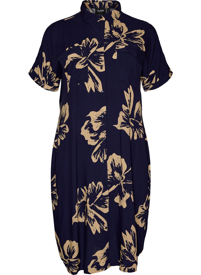 Lang skjortekjole med korte &aelig;rmer, Bl&aring;, Packshot image number 0