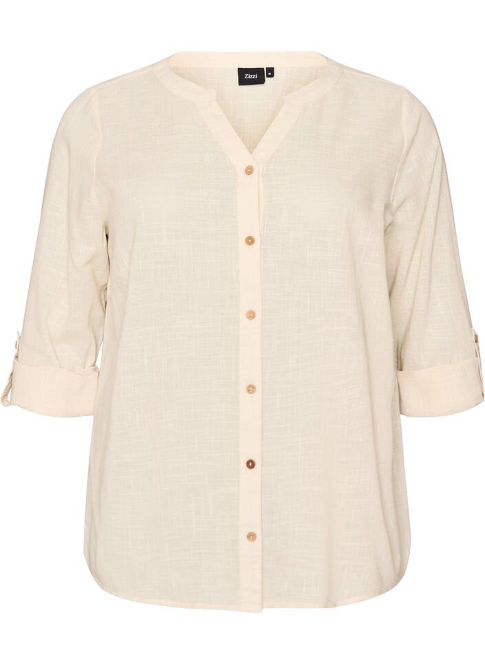Skjortebluse i bomuld med v-udsk&aelig;ring, Vanilla, Packshot image number 0