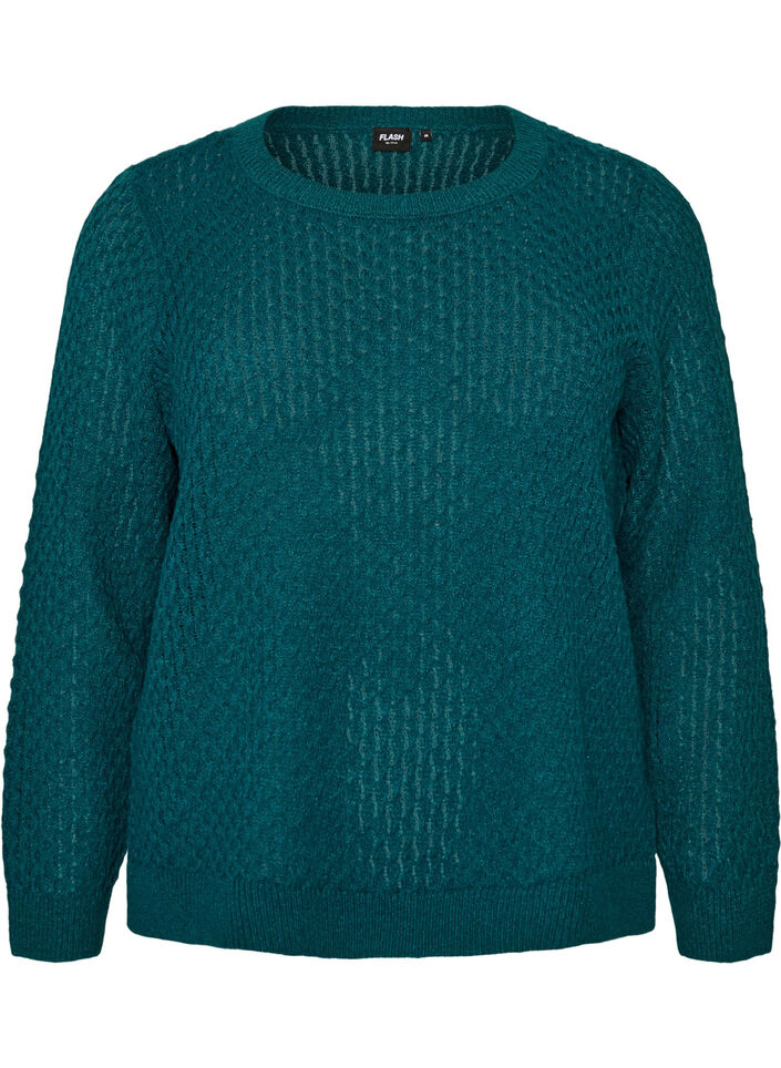 Strikbluse med struktureret hulm&oslash;nster, Gr&oslash;n, Packshot image number 0