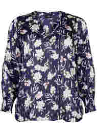 Printet bluse med smock og v-hals, Blue Flower