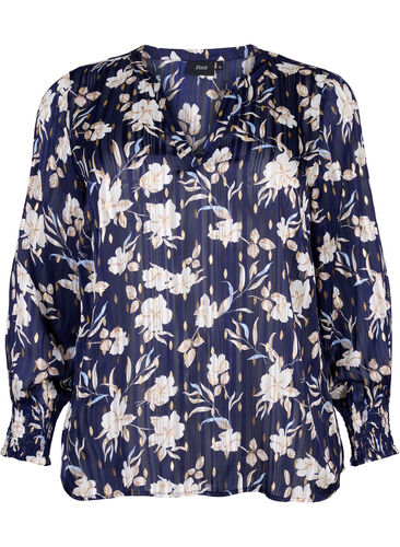Printet bluse med smock og v-hals, Blue Flower, Packshot image number 0