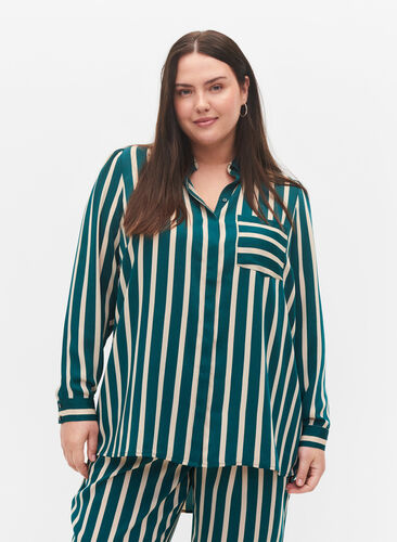 Stribet skjorte med lange ærmer, Green Stripe, Model image number 0