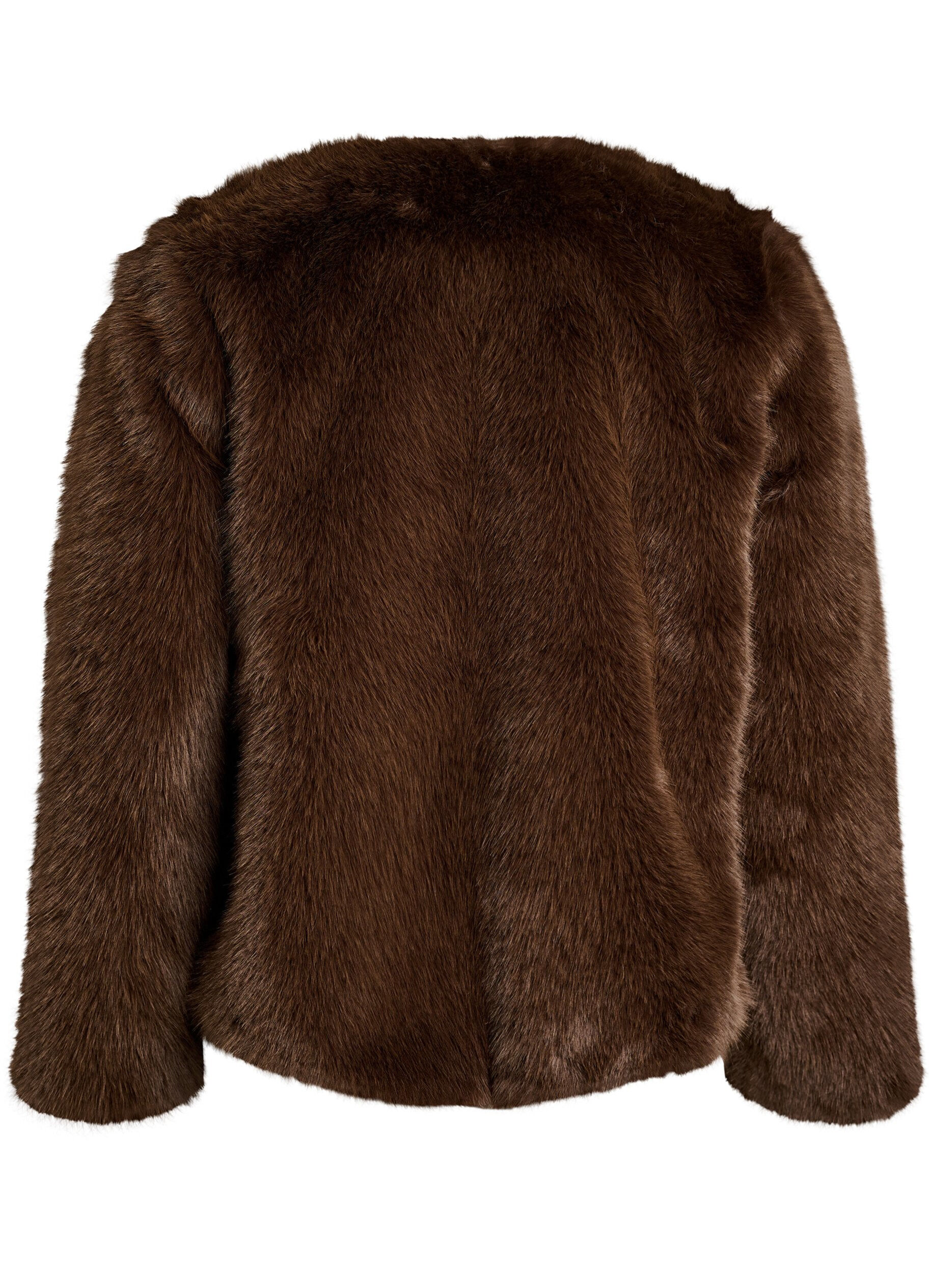ZizziKort imiteret pelsjakke med &aring;ben front, Brun, Packshot image number 1