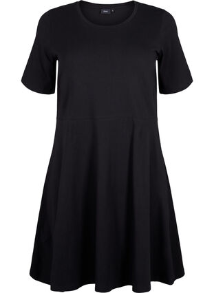 Ensfarvet bomuldskjole med korte ærmer, Black Solid, Packshot image number 0